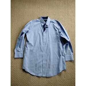 Nwot Men's Paul Fredrick Button Down Dress Shirt 16.5 X 33 Blue Checkered Cotton